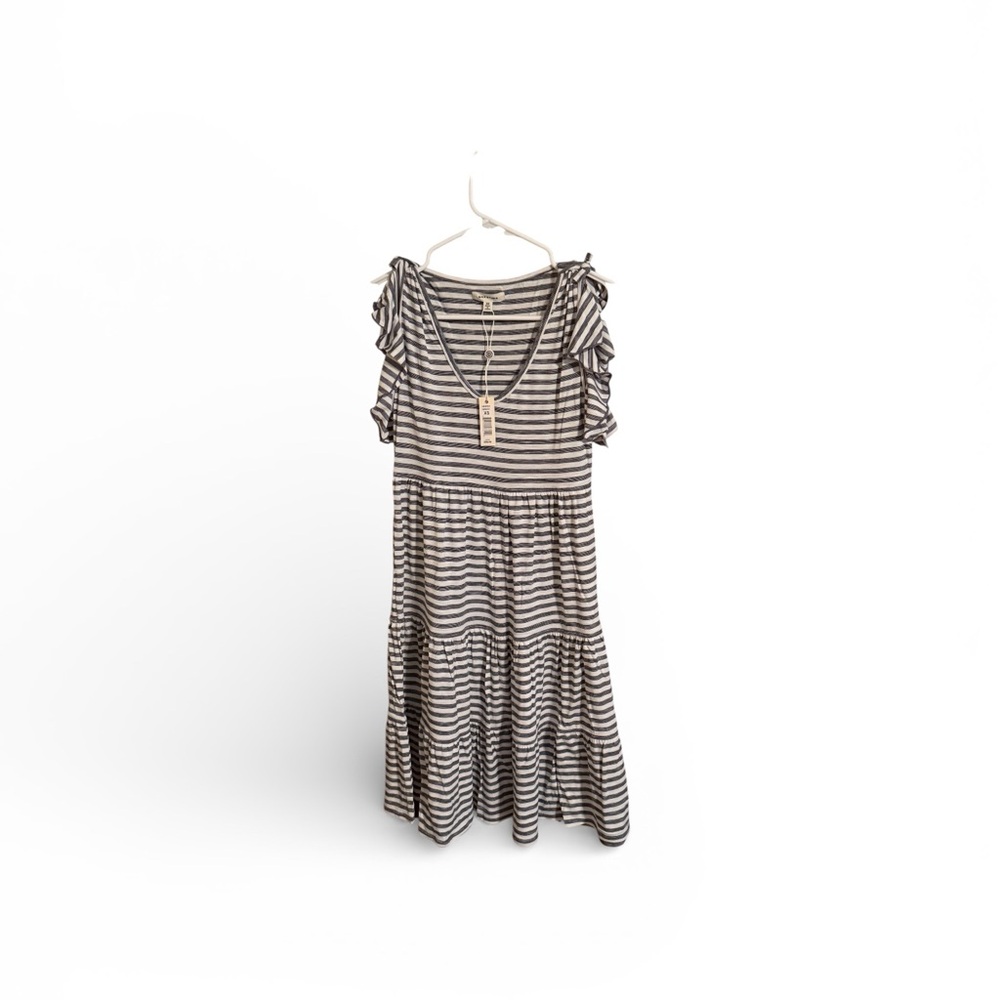 69–Max Studio Black and White Striped Midi Dress with Ruffle Sleeves
